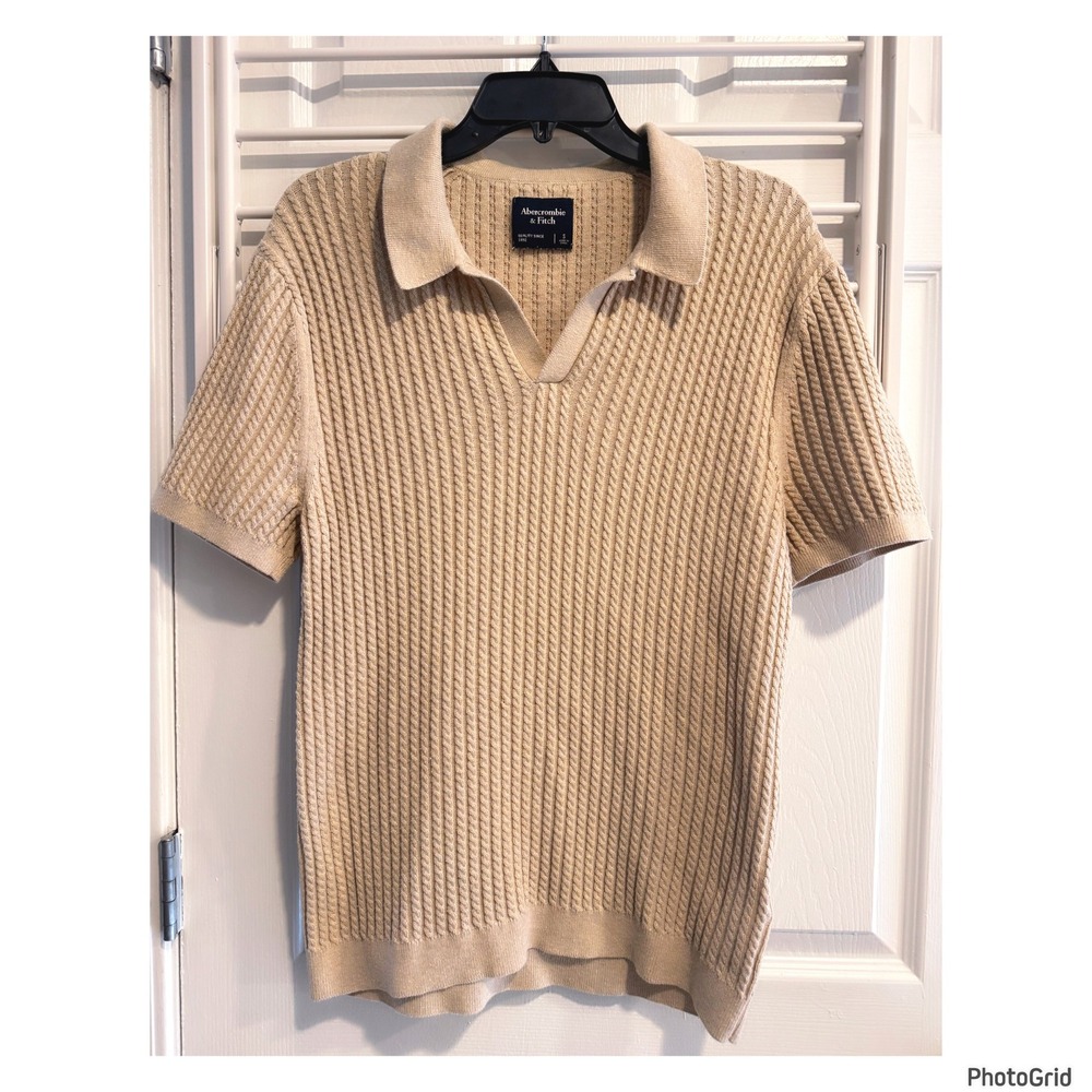 Abercrombie & Fitch Textured Knit Vneck Mens Polo Sweater Tan Small Preppy
